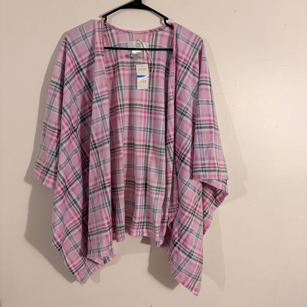 Karen Neuburger Poncho Womens XL Pink Plaid NWT Fleece Open Front Loungewear
